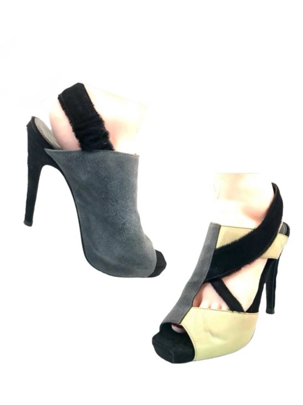 APERLAI PARIS BLACK, GRAY & CREAM COLOR BLOCK LEATHER AND FUR HEELS (38)